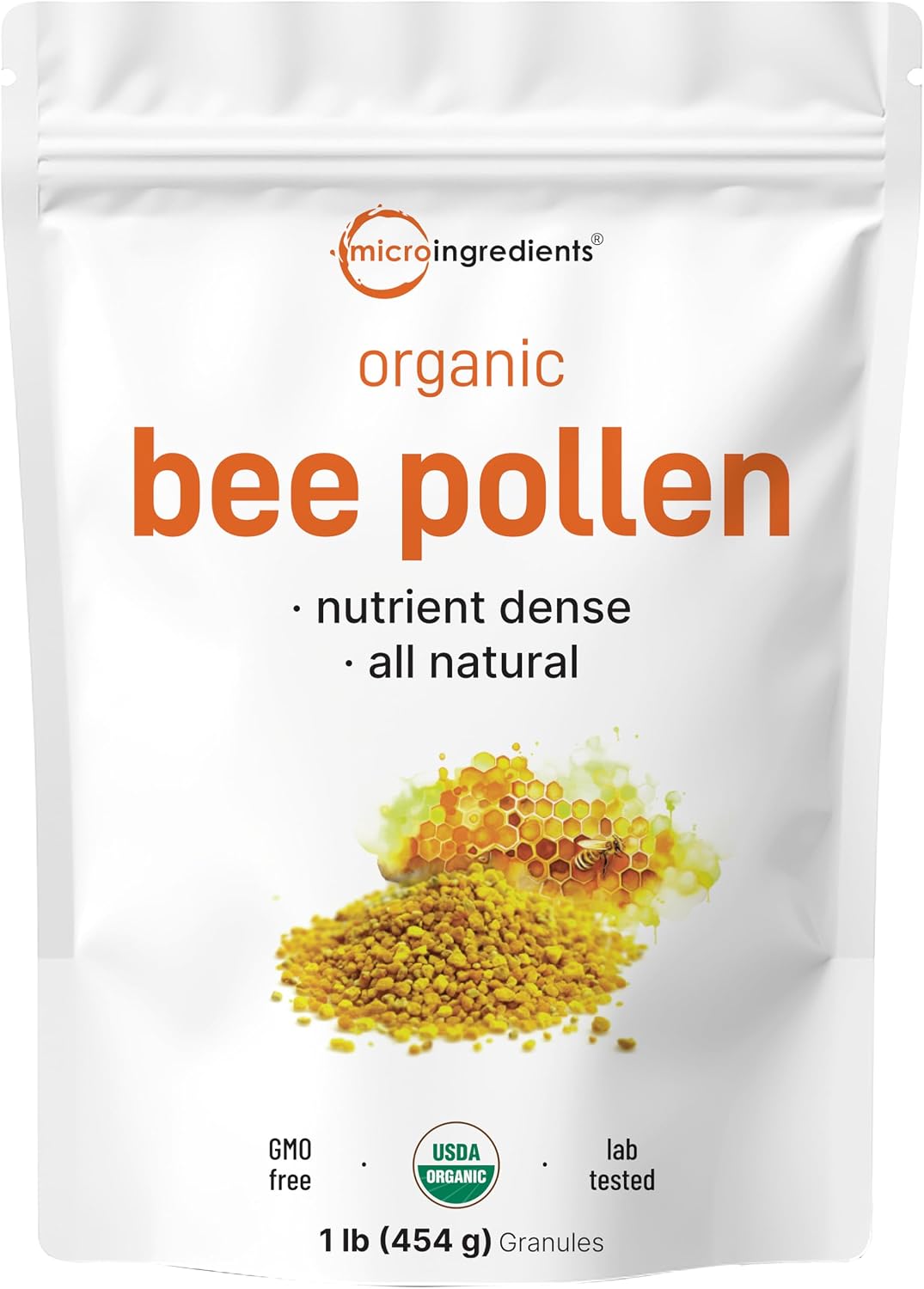 Micro Ingredients organic bee pollen granules front view packaging