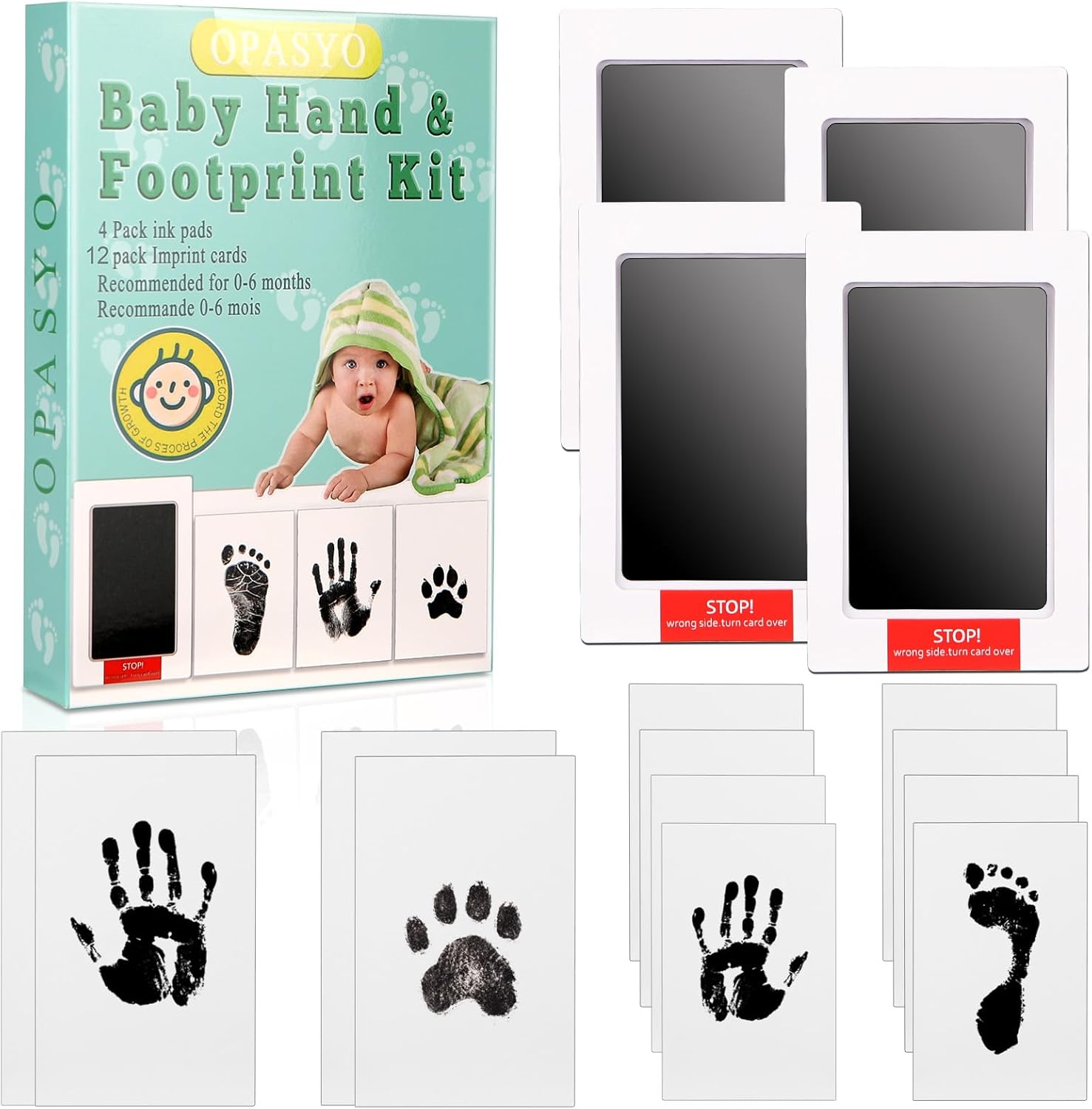 OPASYO clean touch inkless hand and footprint kit front view featuring black ink pads and white keepsake cards.