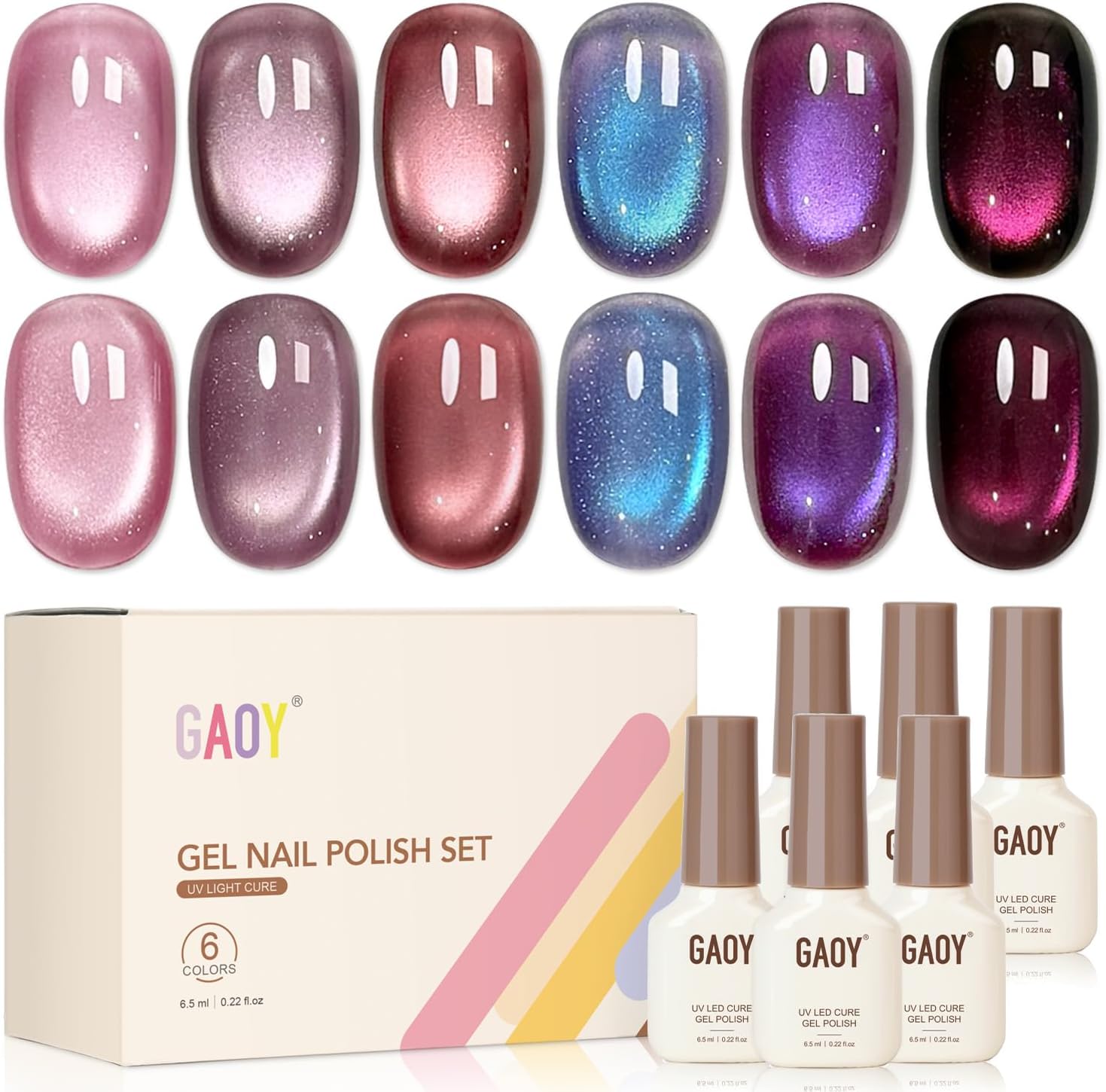 GAOY Aurora Purple Cat Eye Gel Nail Polish Set with Magnet, 6 Colors Translucent Iridescent Velvet Orchid Violet Berry, Holographic Glitter Shimmer UV Soak Off Gel Polish for Salon & DIY Nail Art - Image 1