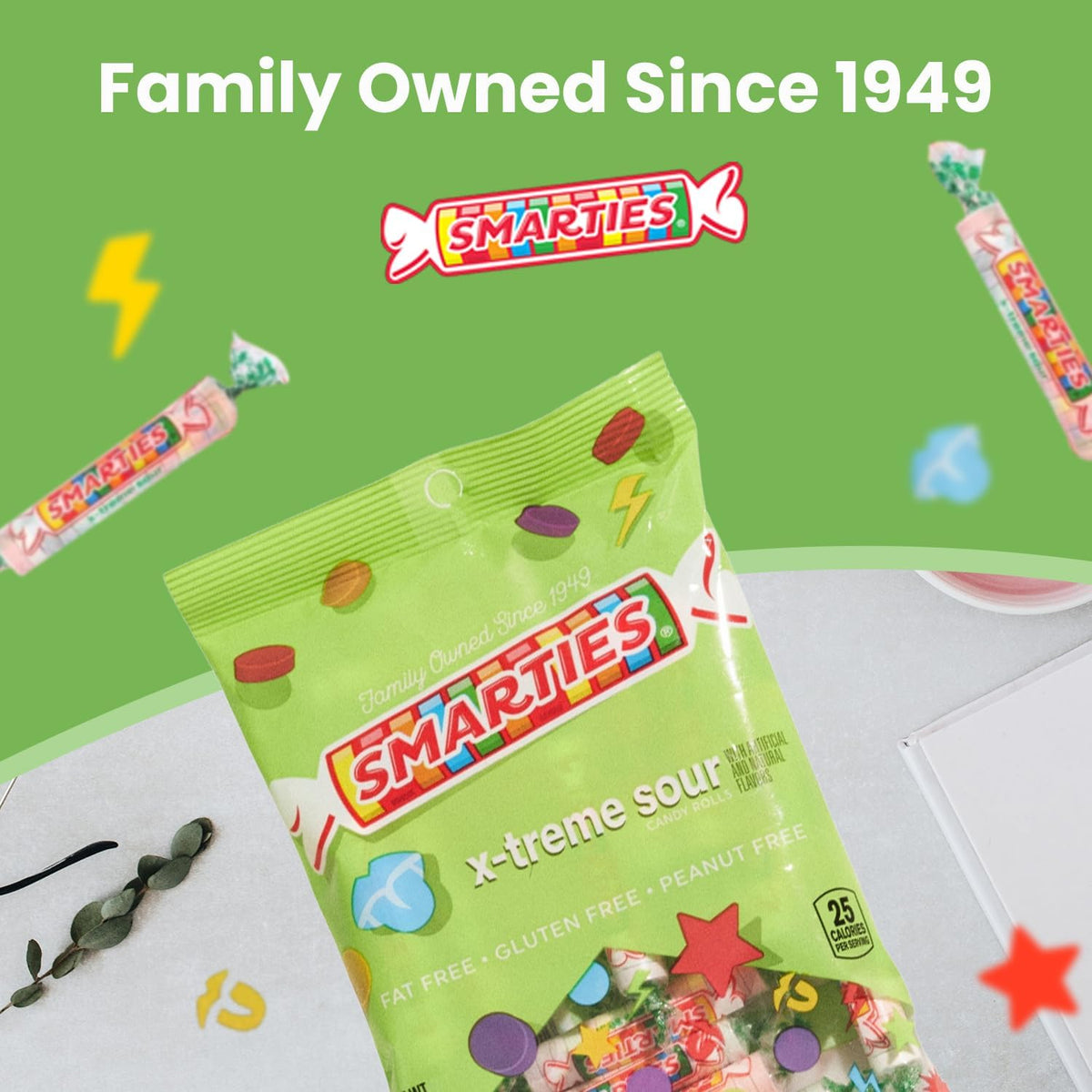 DDI Smarties X-treme Sour Candies back label displaying the allergy friendly gluten free and peanut free certifications.