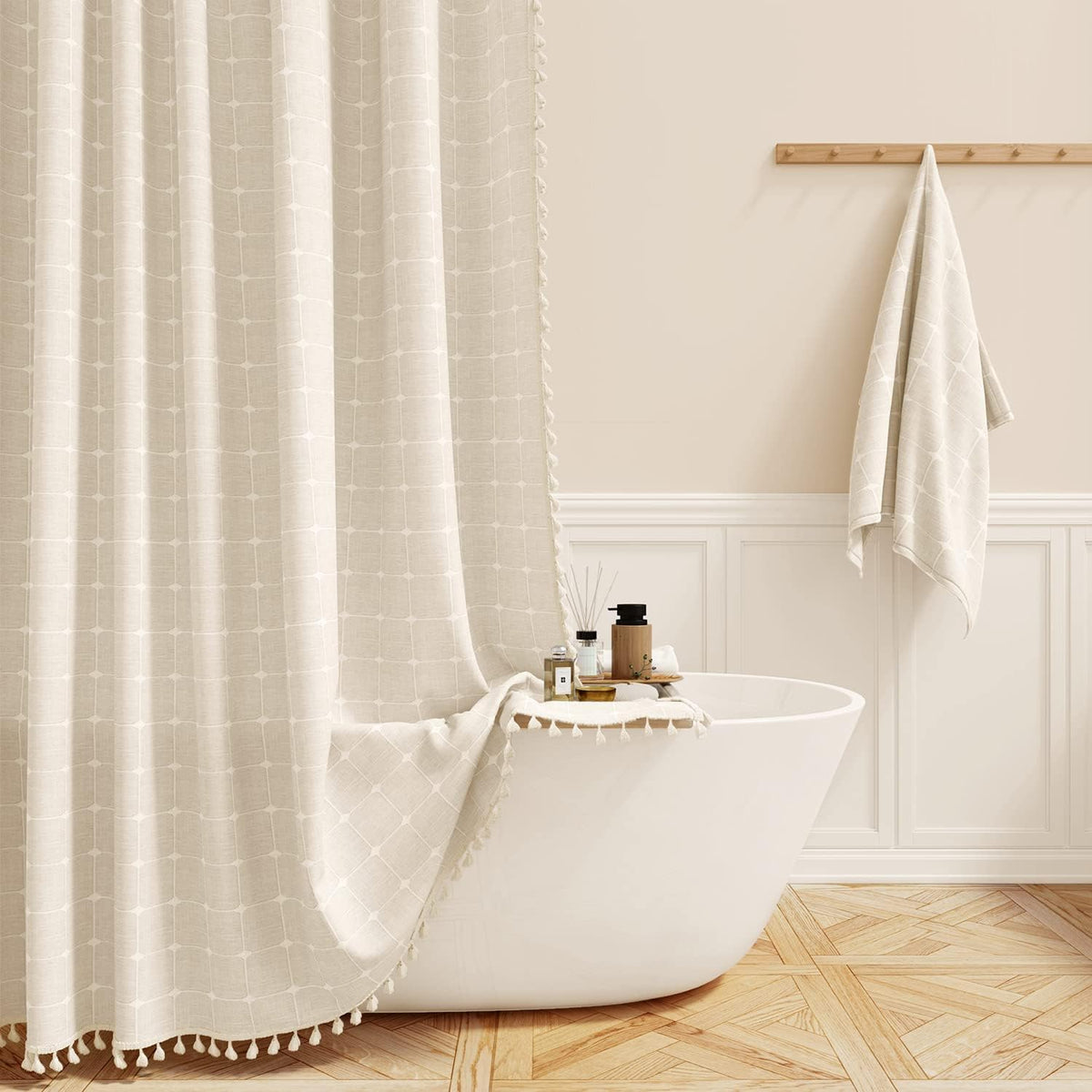 BTTN Boho Farmhouse Shower Curtain front view hanging in modern bathroom.