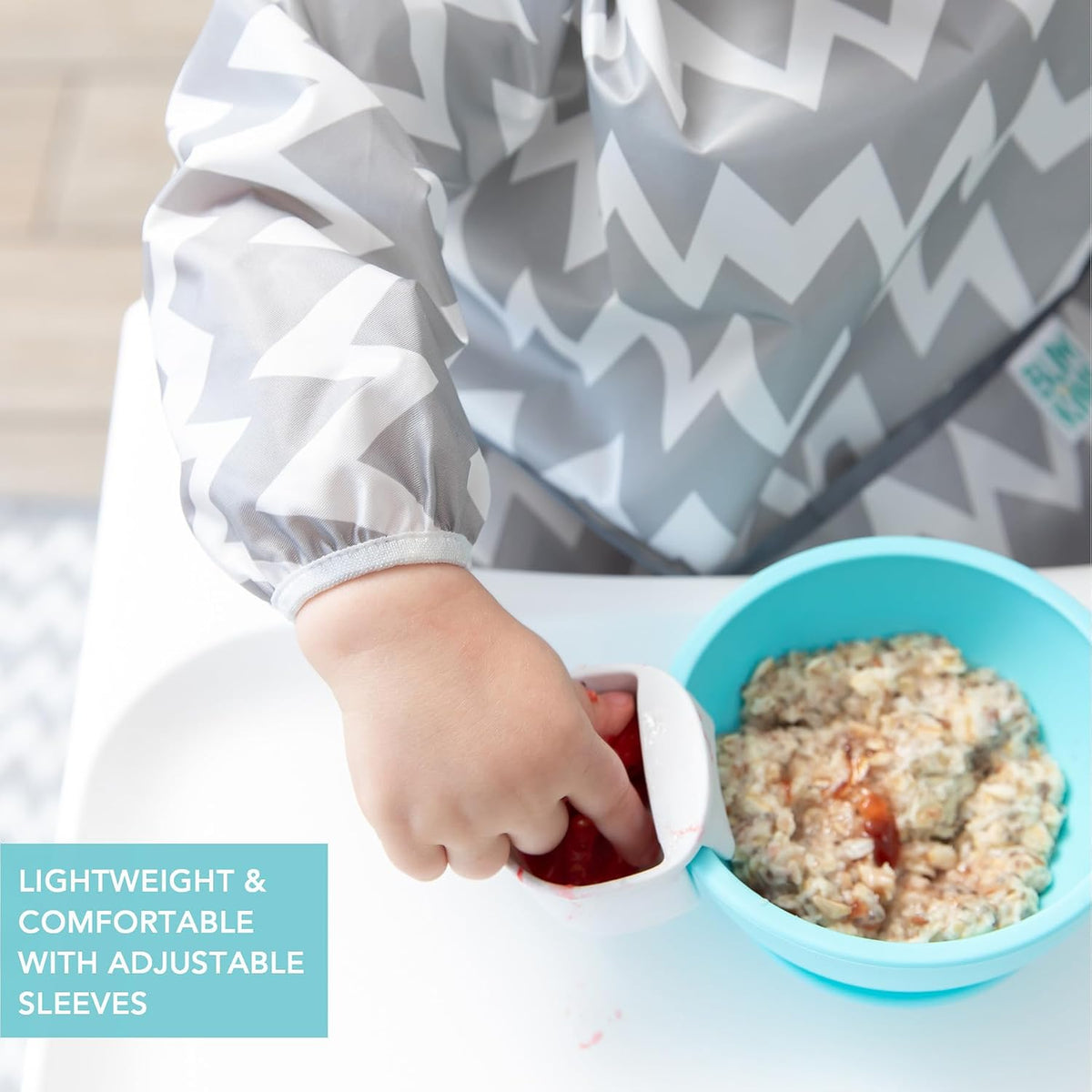 Bumkins Sleeved Bib for Girl or Boy, Baby and Toddler for 6-24 Mos, Essential Must Have for Eating, Feeding, Baby Led Weaning Supplies, Long Sleeve Mess Saving Food Catcher, Soft Fabric, Gray Chevron - Image 4