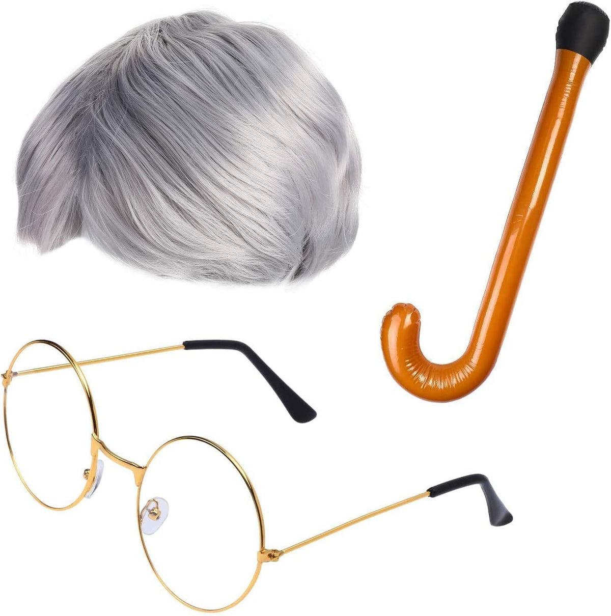 Beefunny old man costume kit with silver wig and glasses front view