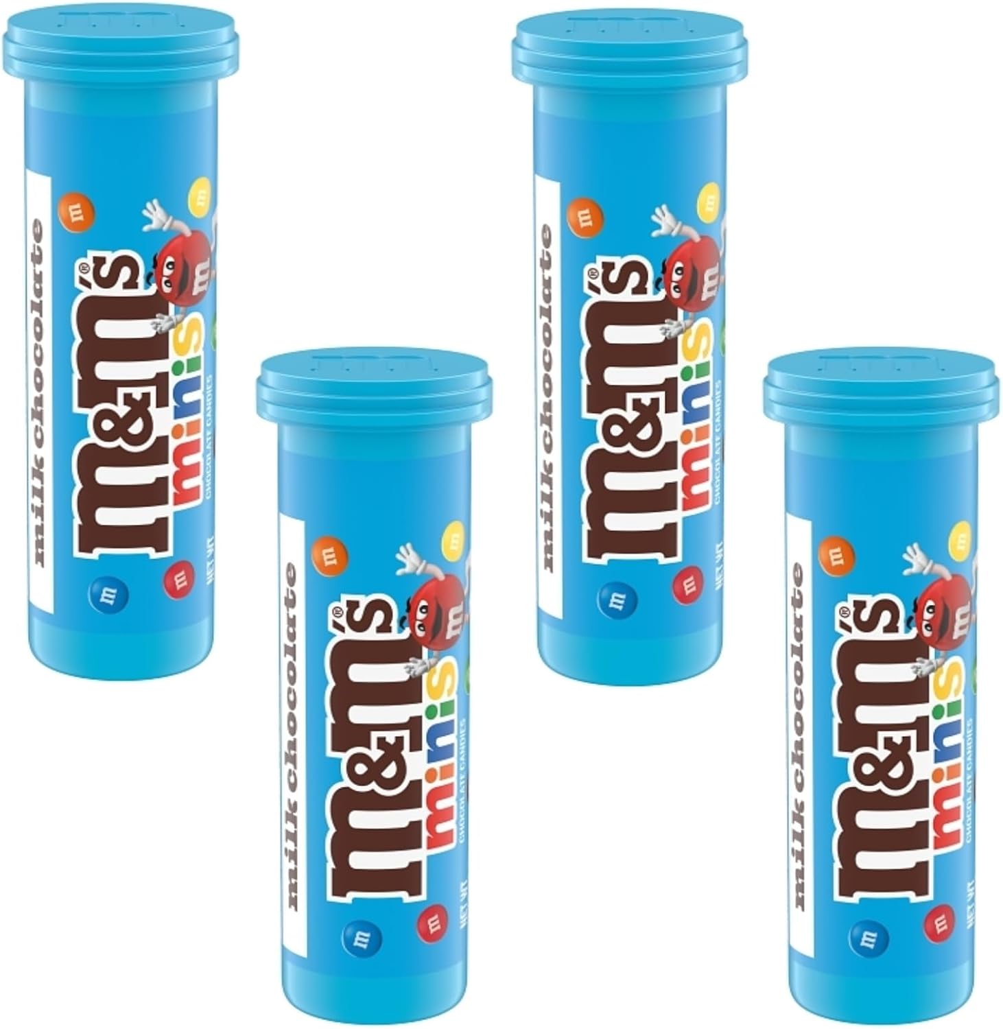M&M's Minis Milk Chocolate Candy Tubes four pack front view showing imported packaging