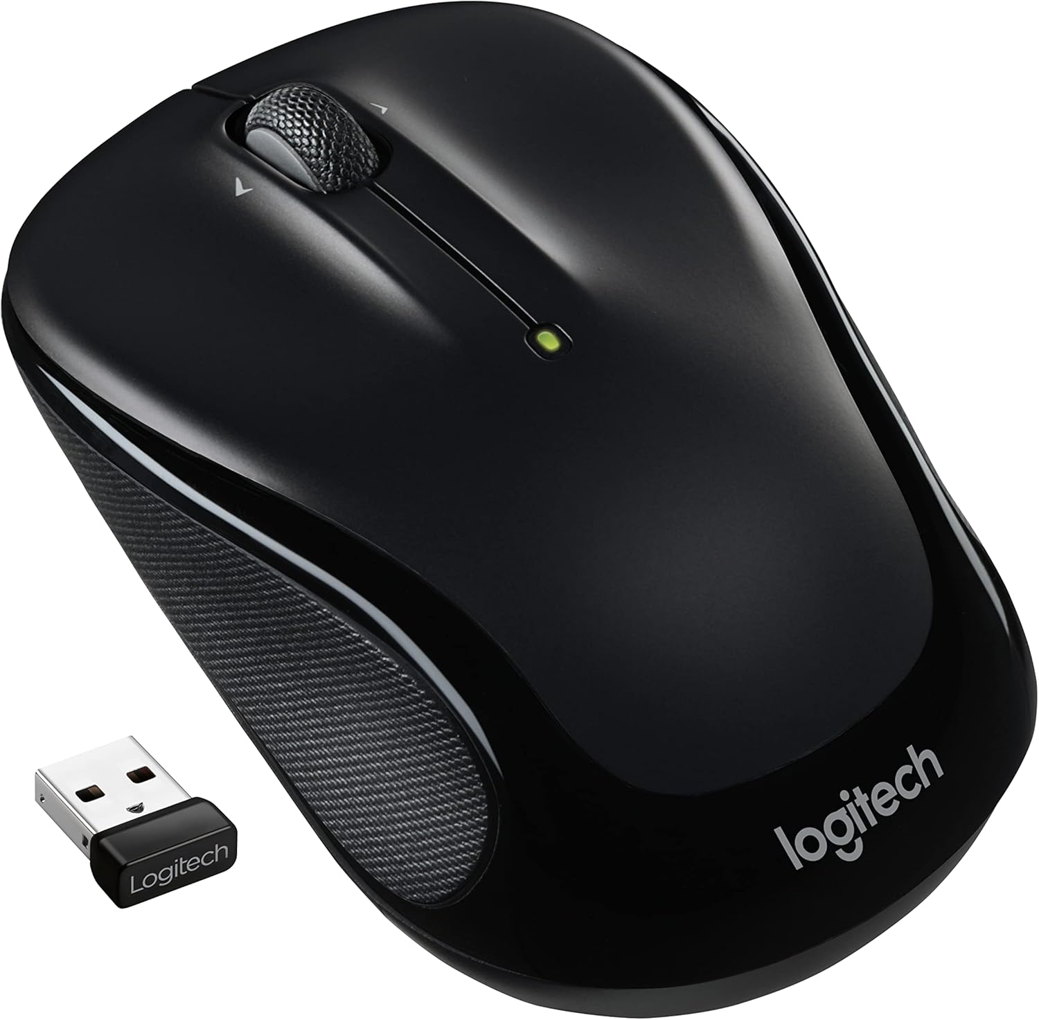 Logitech M325S wireless mouse front view showing compact black contoured body