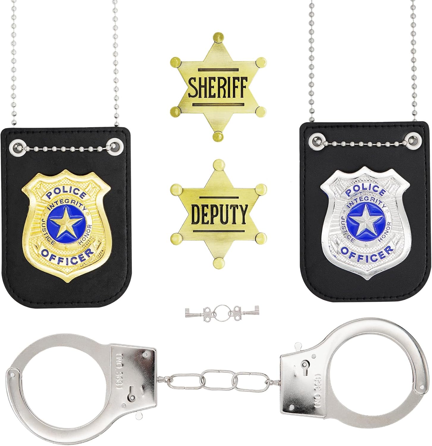 TungminJ 5Piece Sheriff Deputy Police Badge and Handcuffs Set front view showcasing gold and silver law enforcement badges.