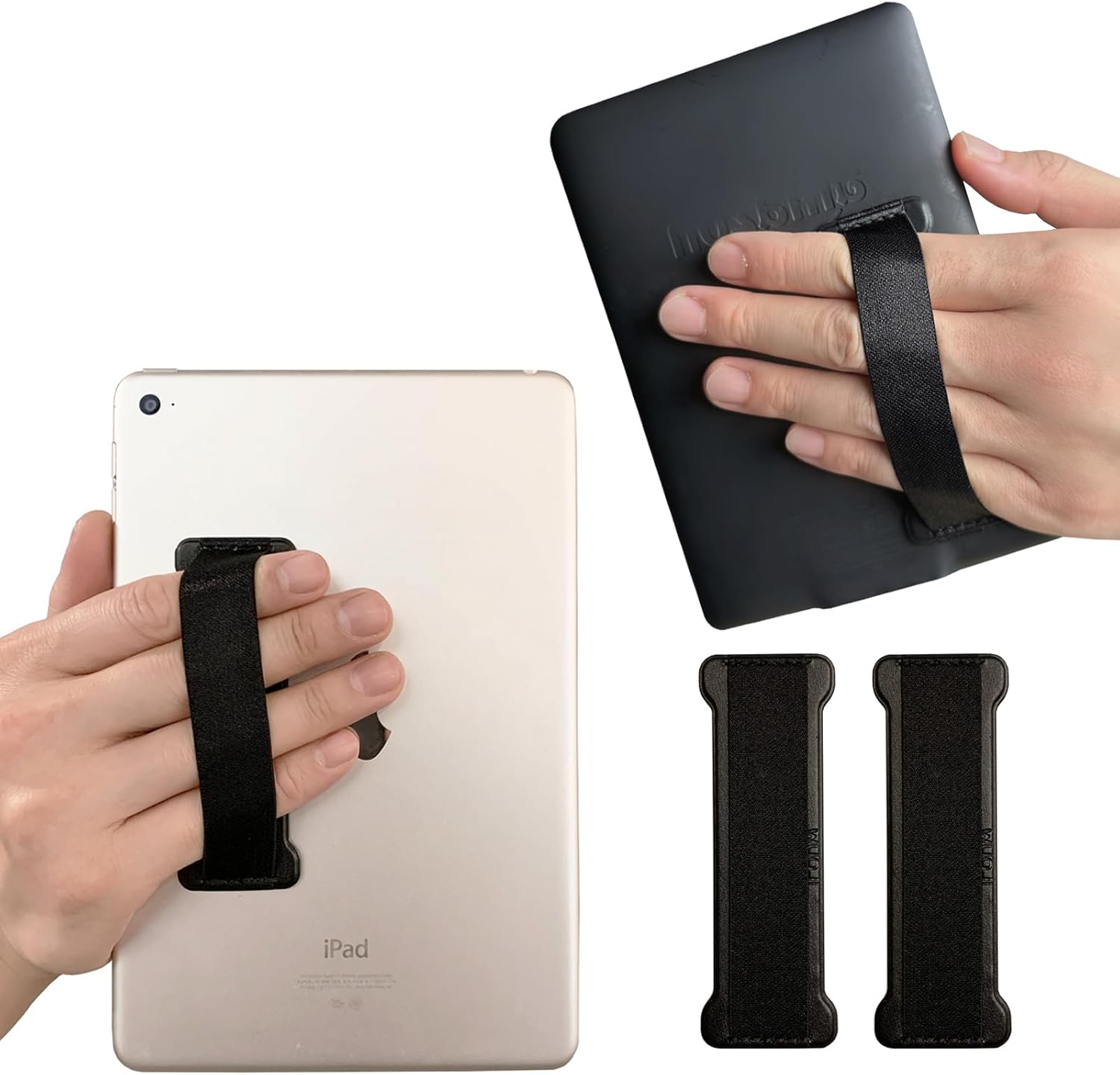 WUOJI universal tablet hand holder strap front view attached to a black tablet case