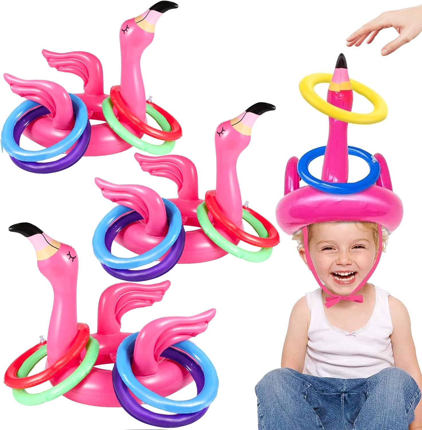 Camlinbo inflatable flamingo pool toys ring toss game set front view showing pink birds and multi-colored rings