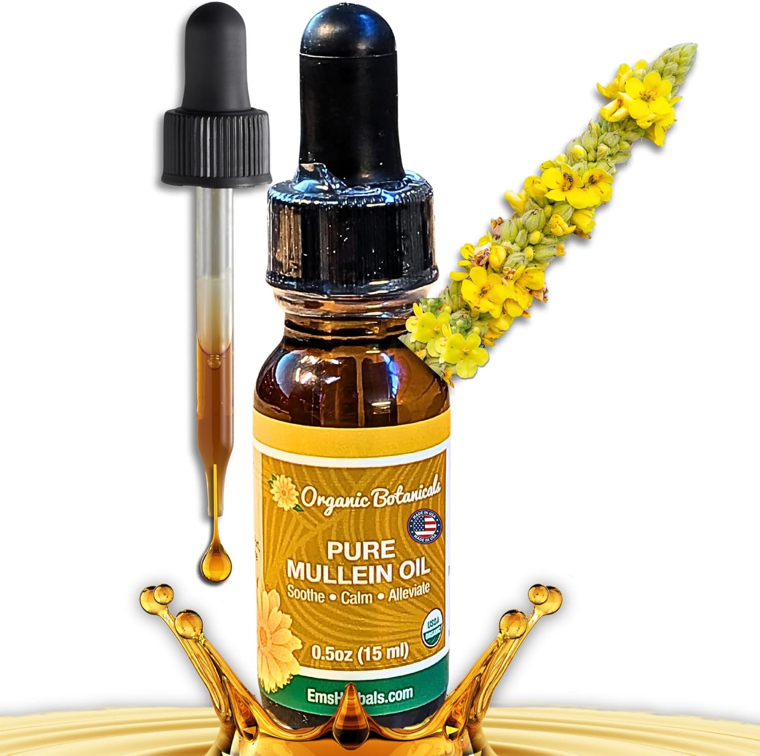 Pure Organic Mullein Oil - Organic Mullein Ear Oil Drops - Natural Ear Care Solution for Earaches, Tinnitus, and Kids - Herbal Mullein Extract Liquid for Soothing Relief (0.5oz) - Image 1
