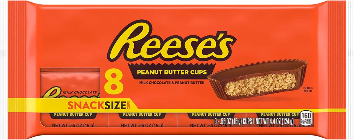 Individually wrapped Reese's snack size milk chocolate peanut butter cup candy pack