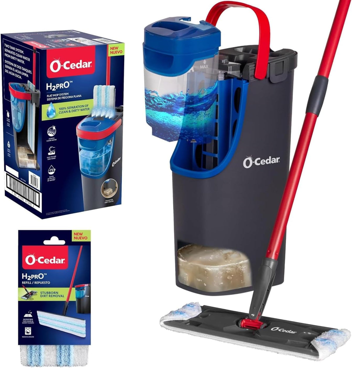 O-Cedar H2prO Flat Mop System front view with dual tank bucket and telescopic handle floor cleaner