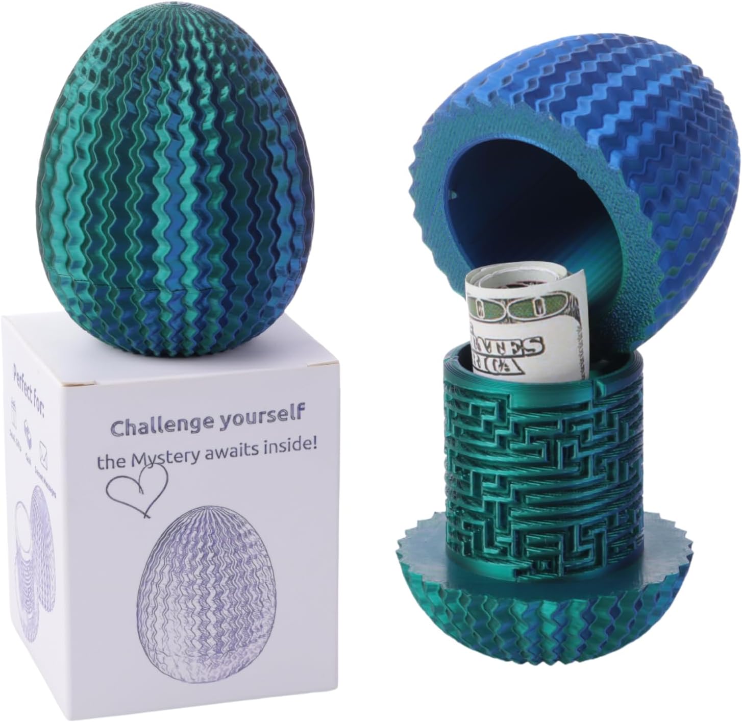 Galapopo mystery egg money puzzle box blue green metallic finish