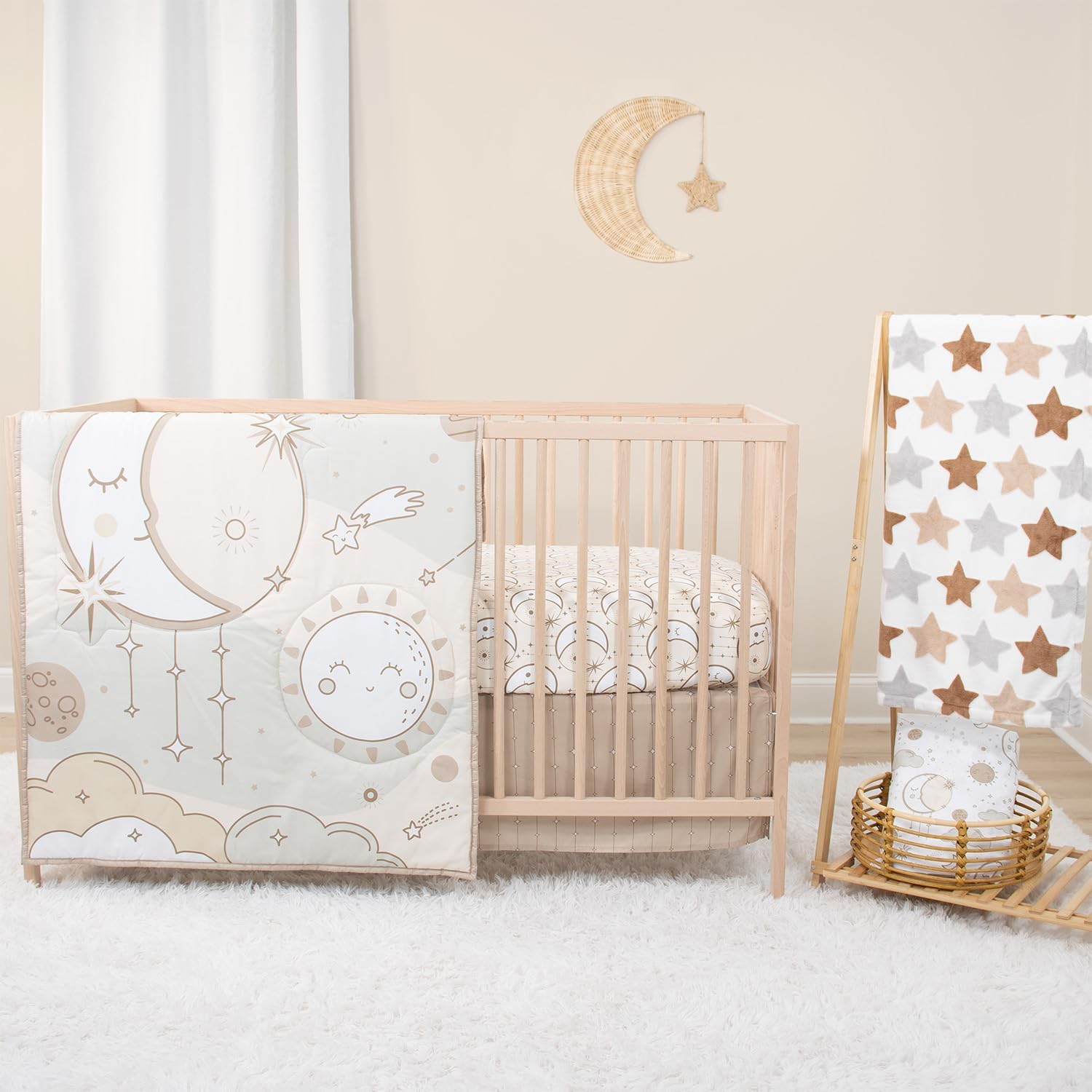 The Peanutshell Starry Skies five piece baby crib bedding set front view showcasing the complete neutral nursery decor setup.