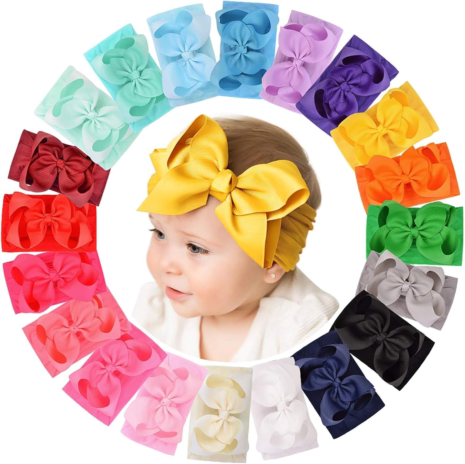 Doboi 20 piece baby girl nylon bow headbands assorted colors front view