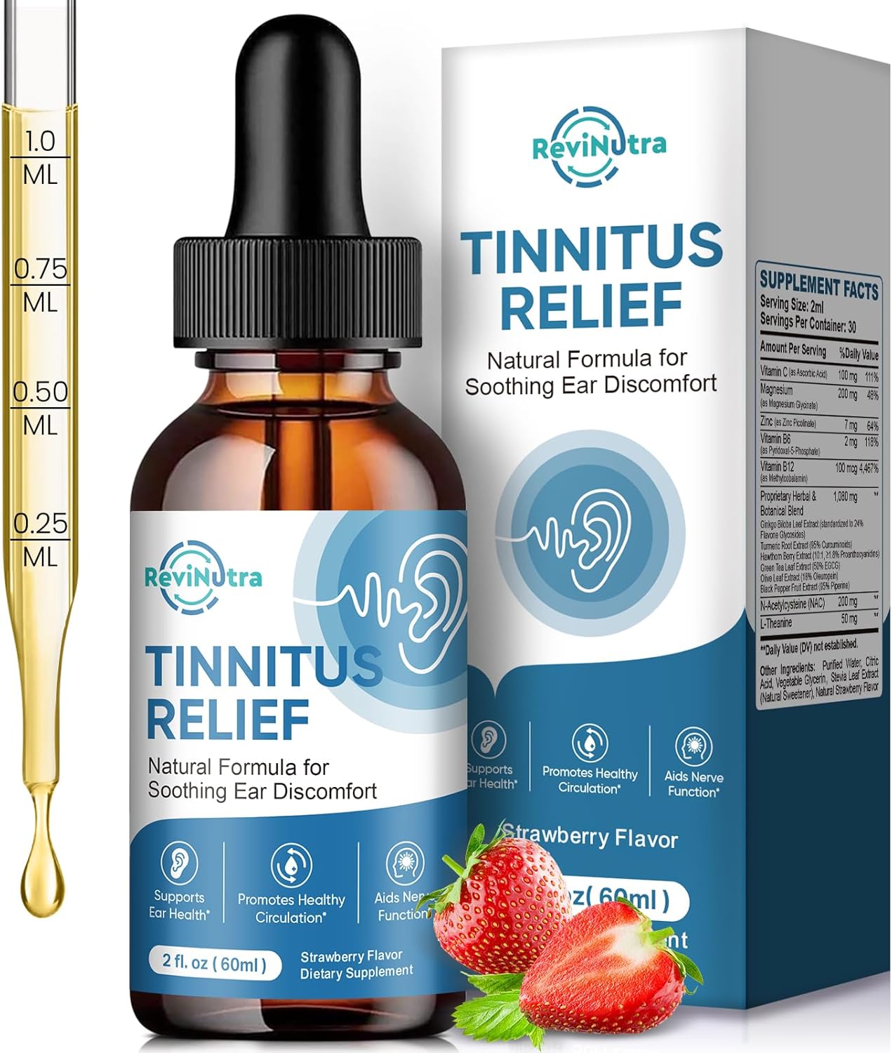 Tinnitus Relief for Ringing Ears, Ear Tinnitus Relief Drops, Herbal Ringing Relief with Ginkgo Biloba, Vitamin C, B12 for Ear Clicking Buzzing, Improving Hearing for Men and Women, Strawberry 2 Fl Oz - Image 1
