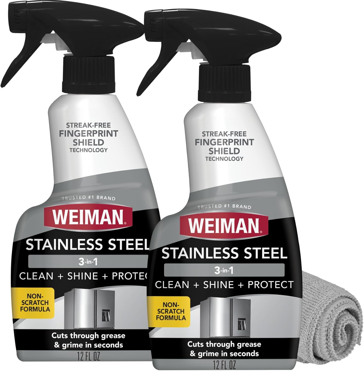 Weiman Stainless Steel Cleaner And Polish front view of two pack trigger spray bottles.