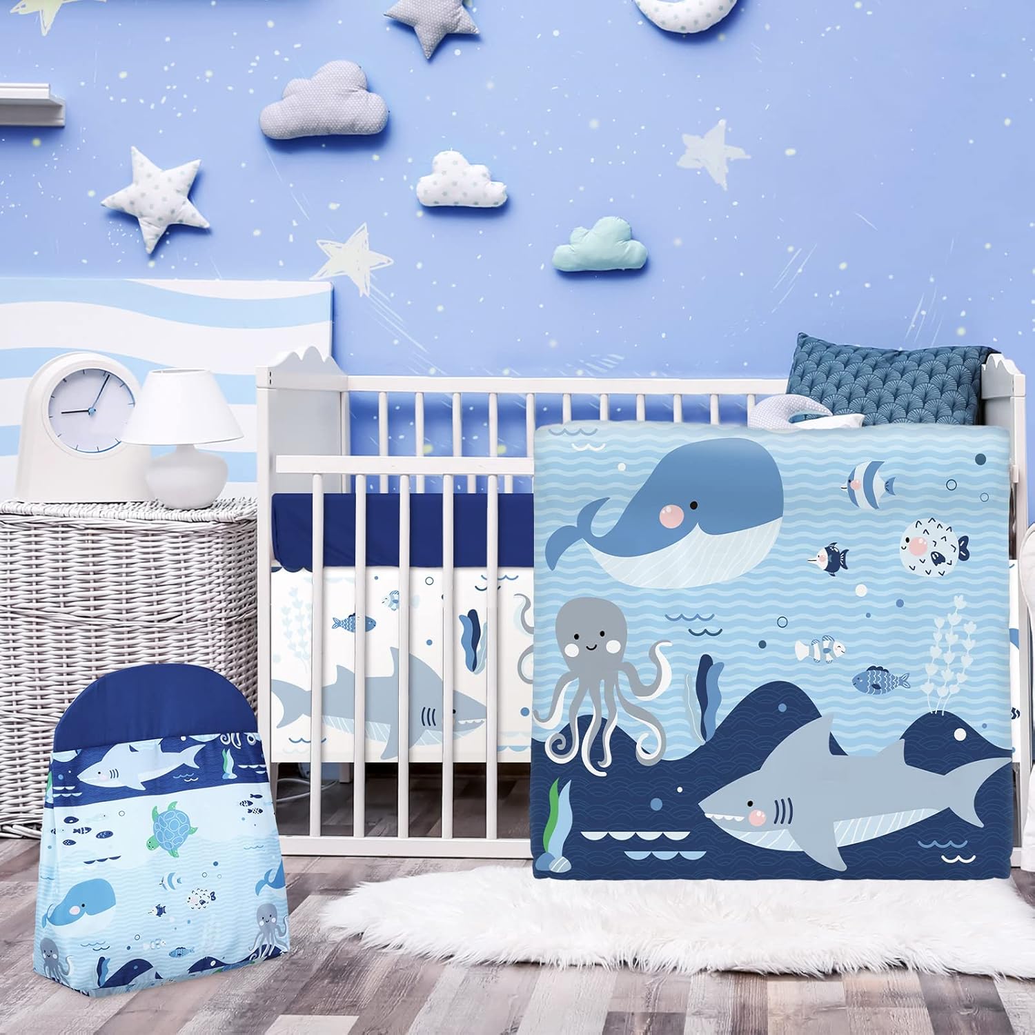 Rtteri 4 pieces baby crib bedding set front view showing complete whale theme setup