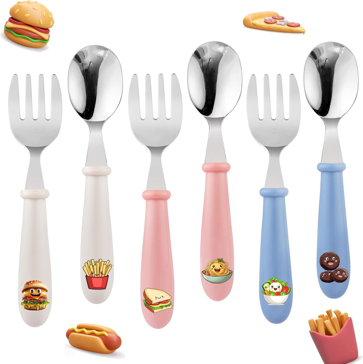 MONGSEW toddler utensils silverware set front view showing three premium stainless steel spoons and three forks