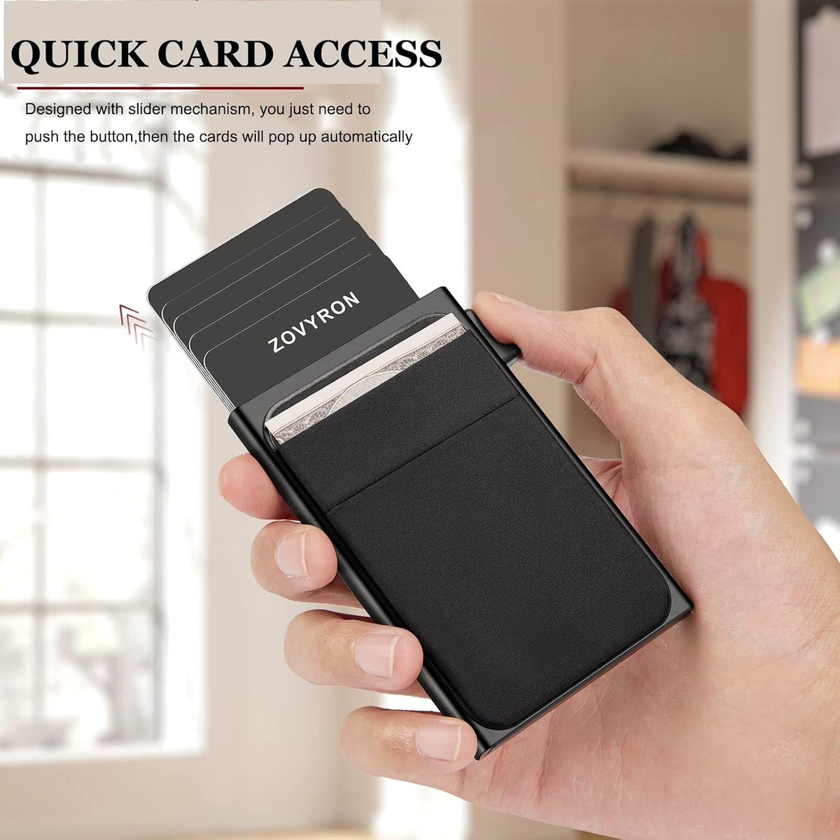 Zovyron smart wallet exterior elastic pocket holding currency bills.