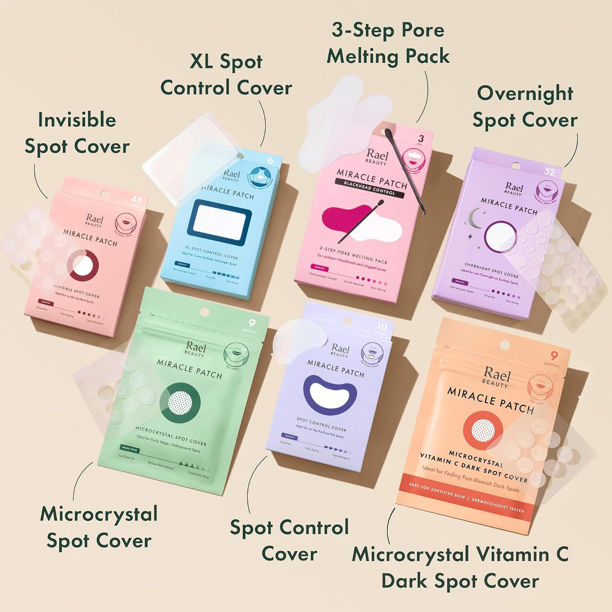 Authentic USA imported Rael acne patch pack showcasing thin tapered edges for discreet day and night wear.