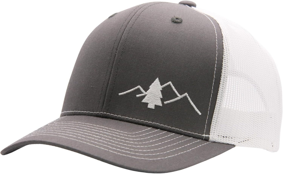 Lindo trucker hat front view showing Great Outdoors embroidered pine tree graphic