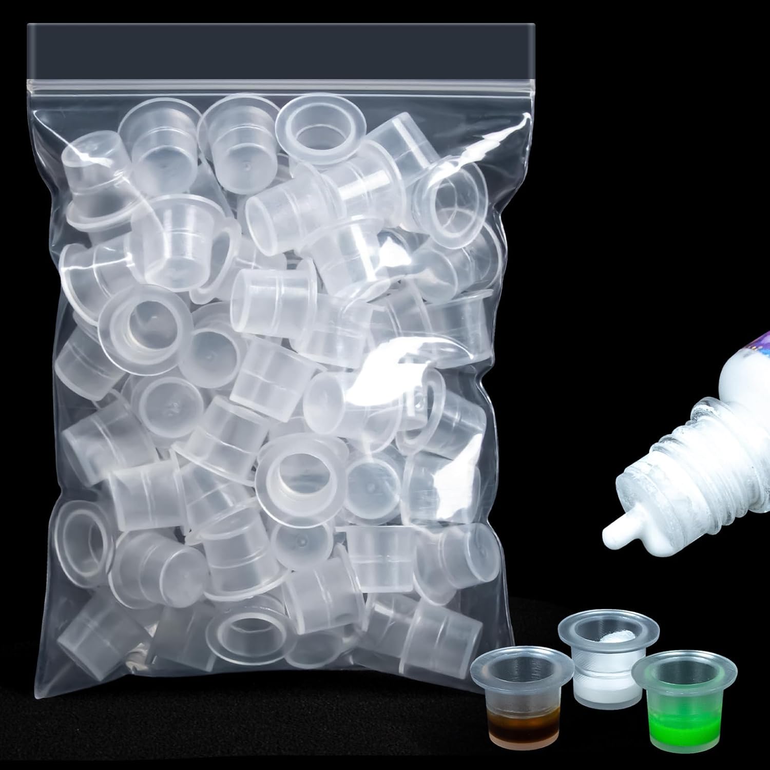 RAQEHO plastic tattoo ink caps 100 pieces package front view showing transparent mini size cups
