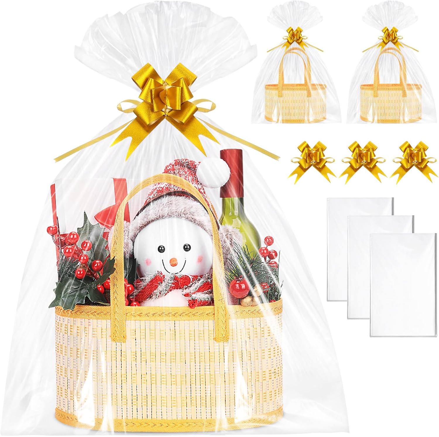 AFOROEOA woven bamboo gift basket kit front view with clear wrap bags and ribbon bows for DIY hampers