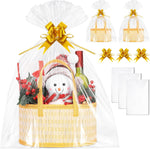 AFOROEOA woven bamboo gift basket kit front view with clear wrap bags and ribbon bows for DIY hampers