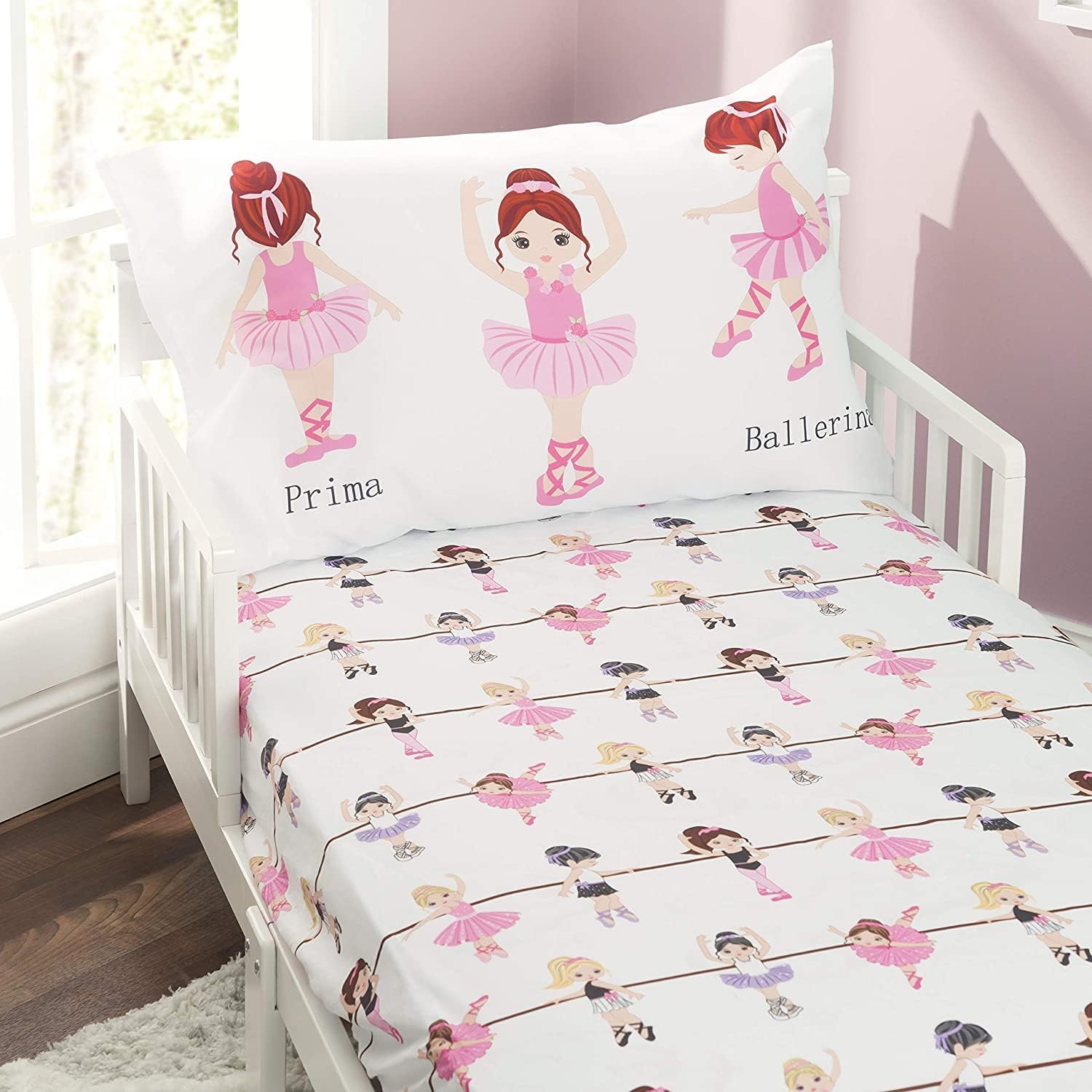 Everyday Kids toddler fitted sheet and pillowcase ballerina set front view packaged