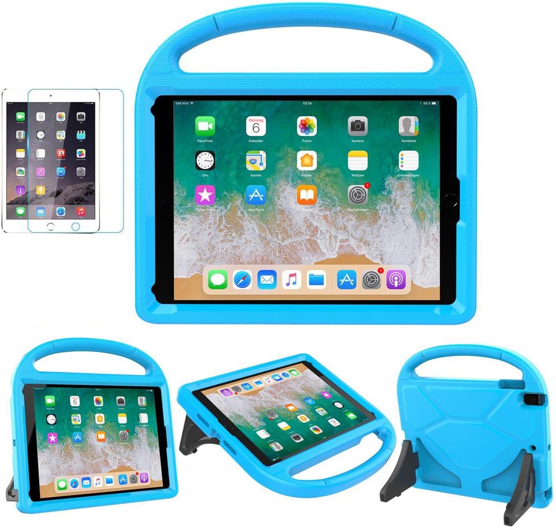 Suplik iPad 9.7 inch kids shockproof case front view in blue color featuring built in handle
