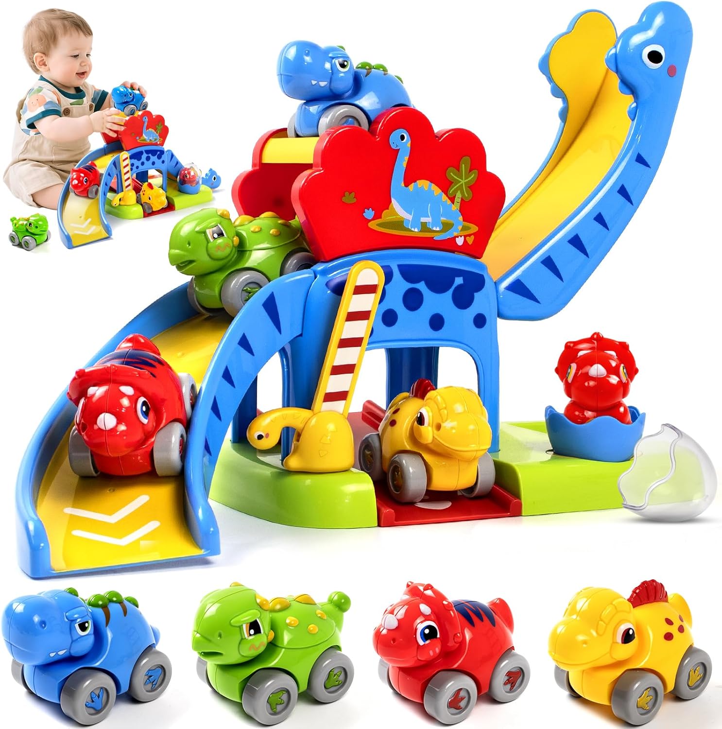 Marstone toddler dinosaur slide car race track front view with colorful animal vehicles.