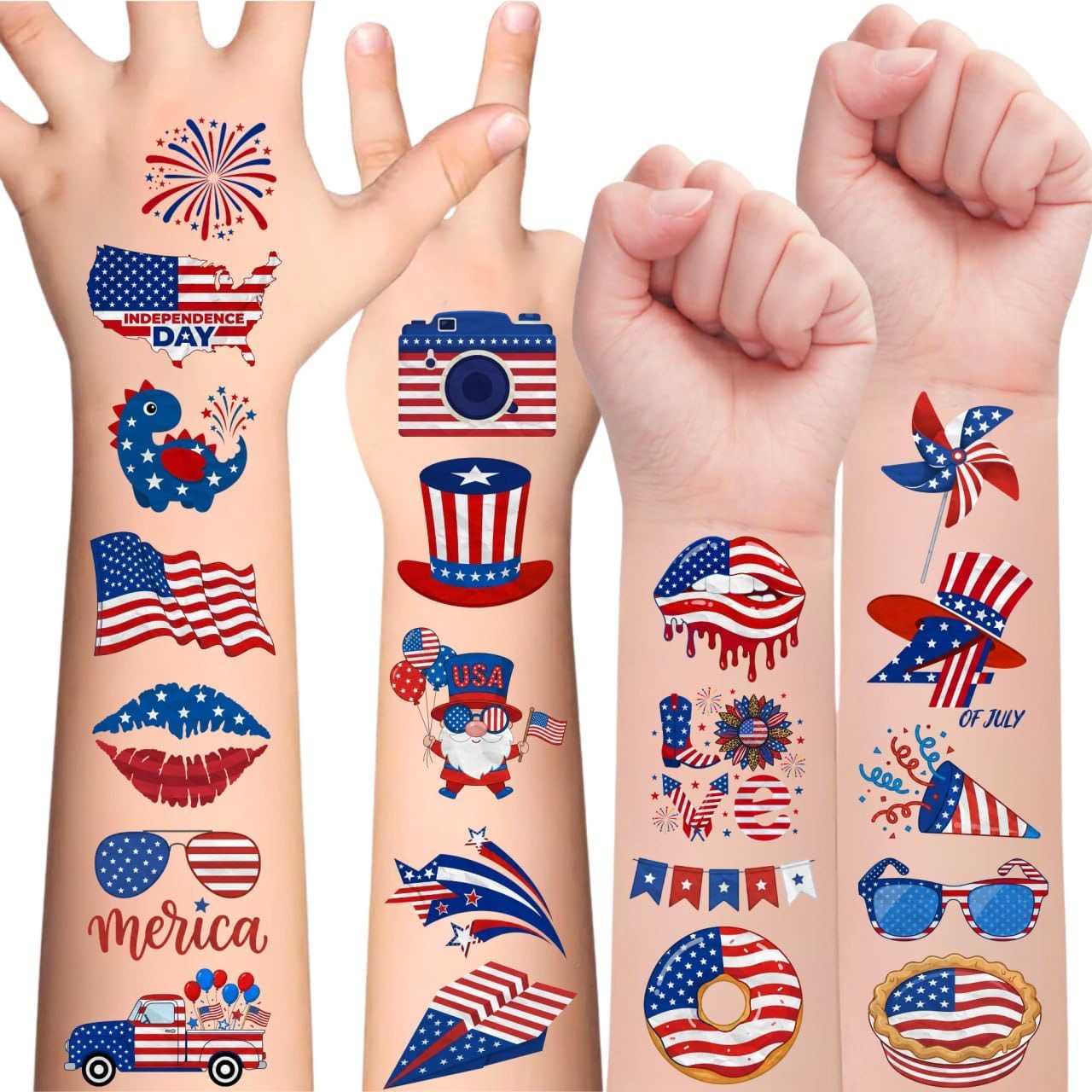 Backtopeia temporary tattoos pack front view showing multiple American flag designs.
