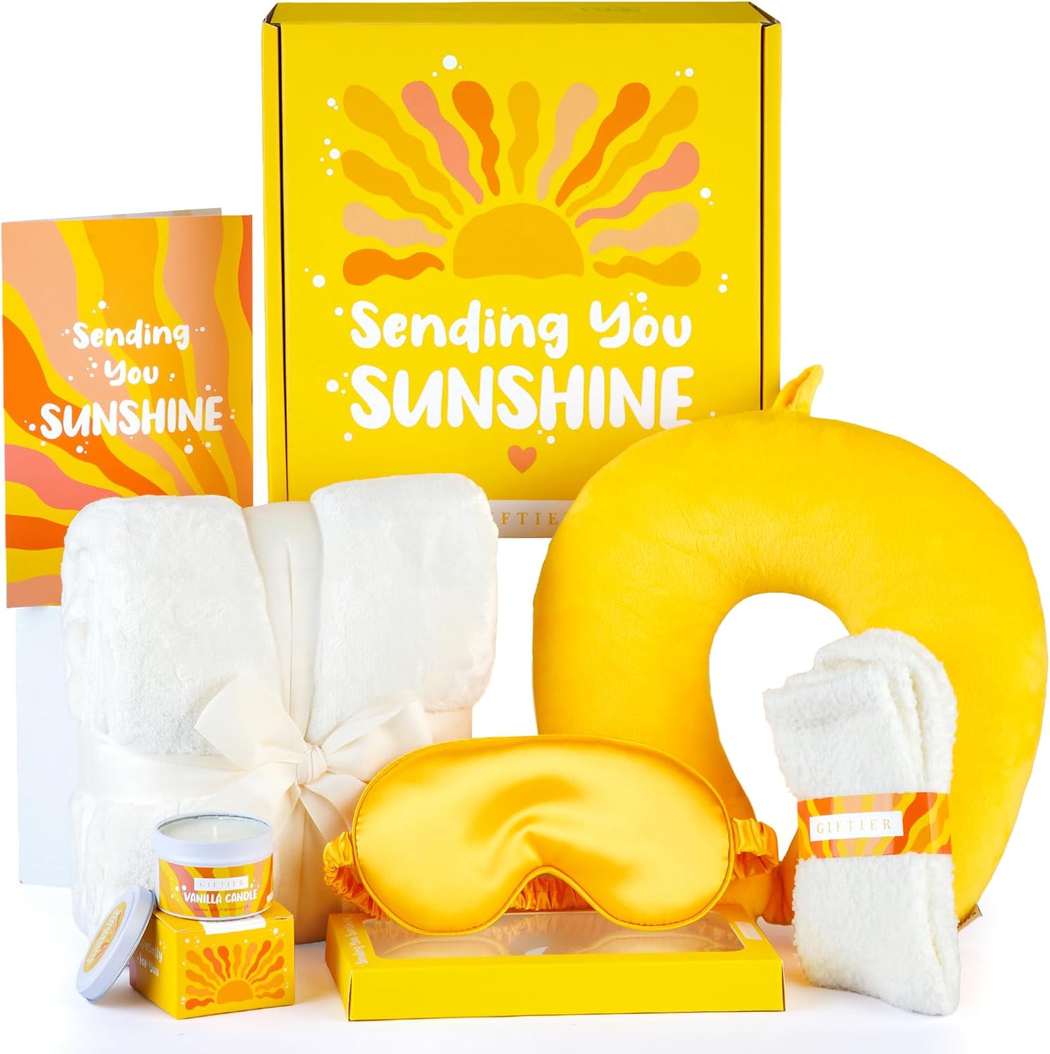 GIFTIER Sunshine Box Care Package for Women front view showcasing the bright yellow presentation box and premium contents.