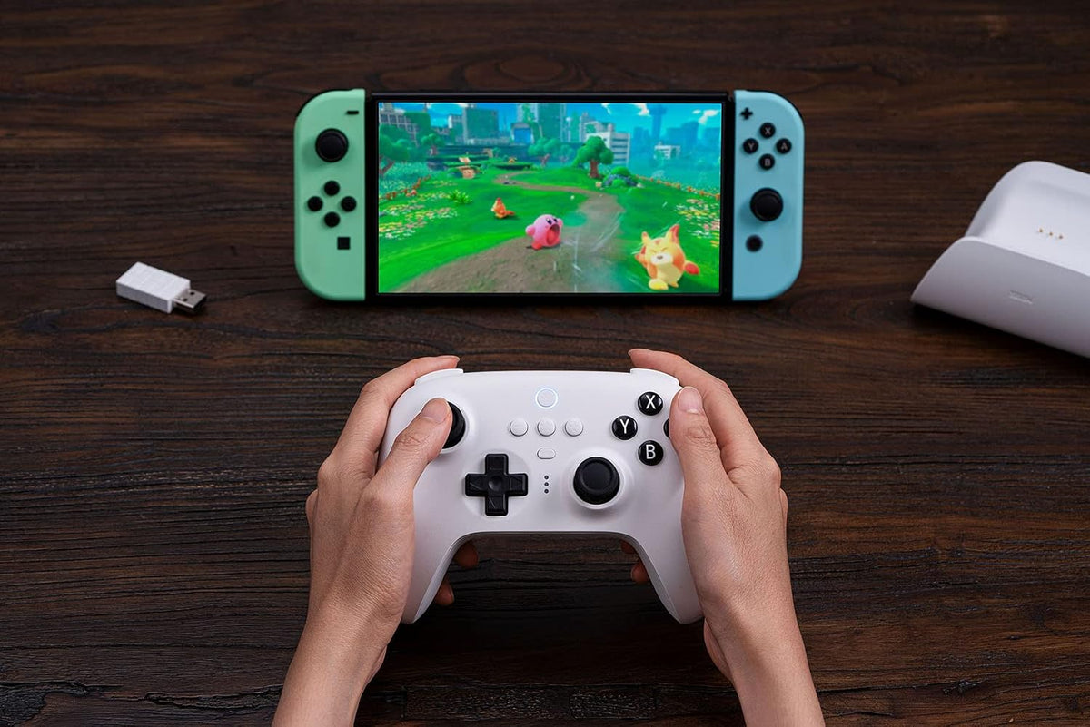 8BitDo white gaming controller package and accessories overview