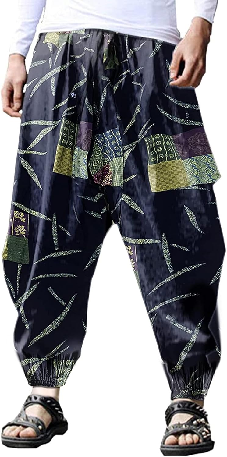 BITLIVE men's cotton linen harem pants front view casual trousers