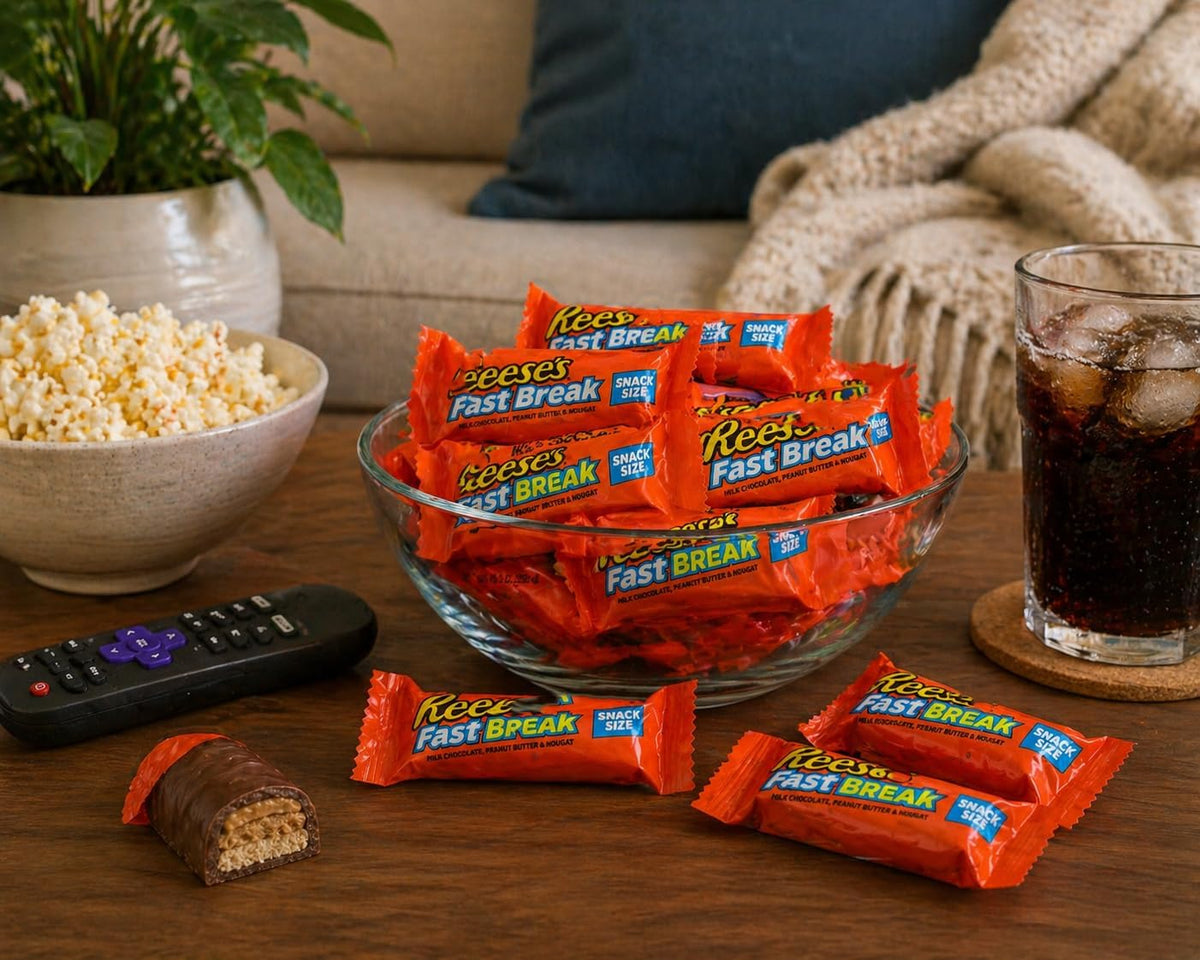 Individually wrapped Reese's Fast Break peanut butter and nougat mini chocolate bars