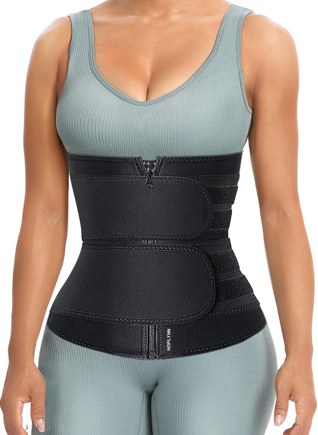 Hoplynn sweat waist trainer body shaper front view with dual belts