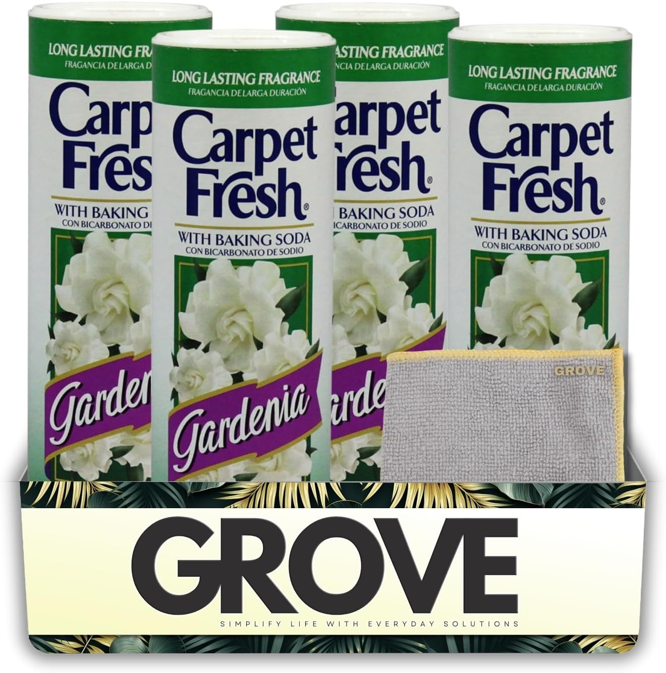 Grove Carpet Fresh Gardenia Odor Eliminator front view of 14 ounce canister