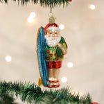 Old World Christmas Surfer Santa glass ornament close-up of hand-painted details