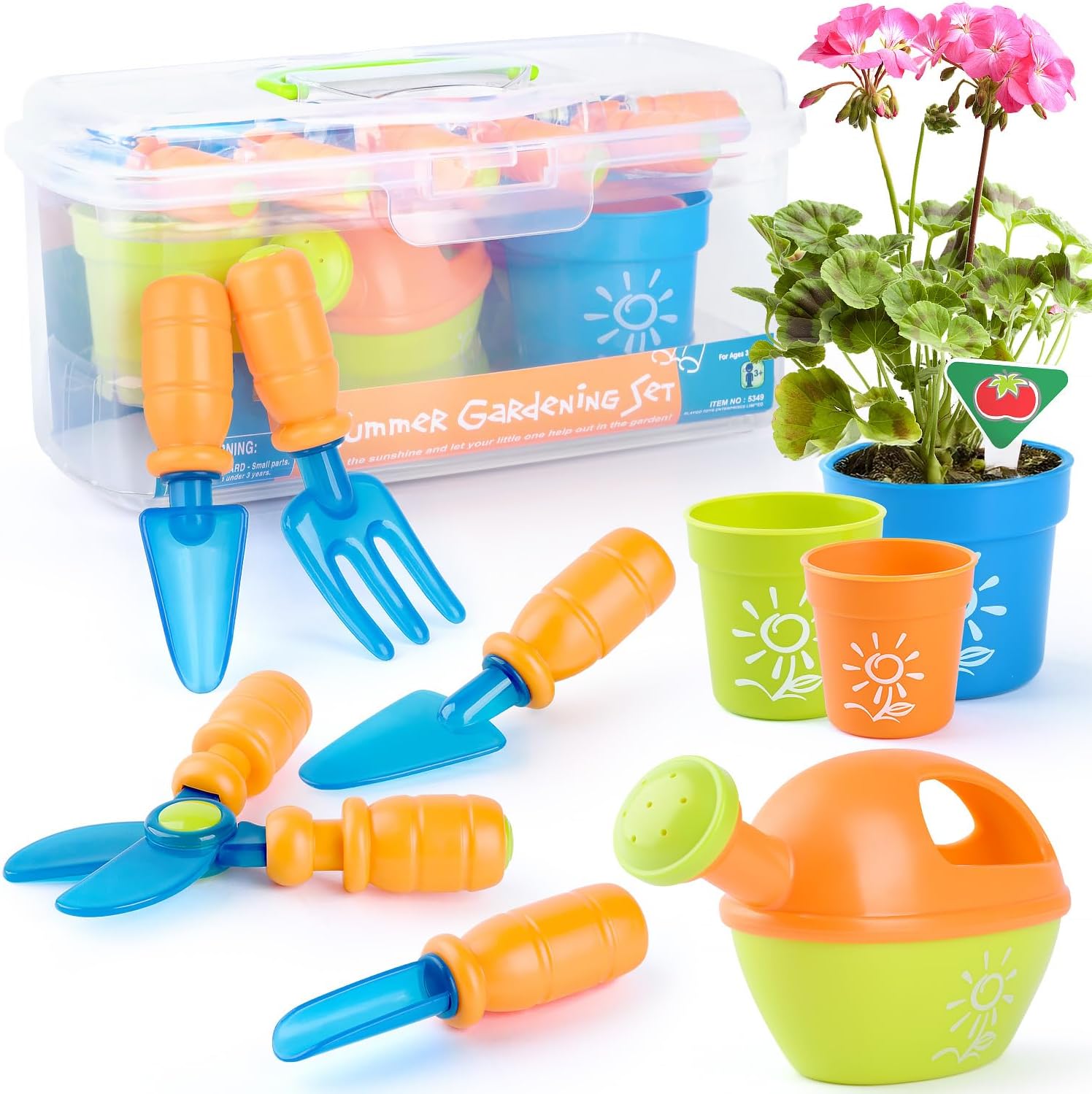 PLAY Kids Gardening Set front view showcasing colorful tools in clear storage box