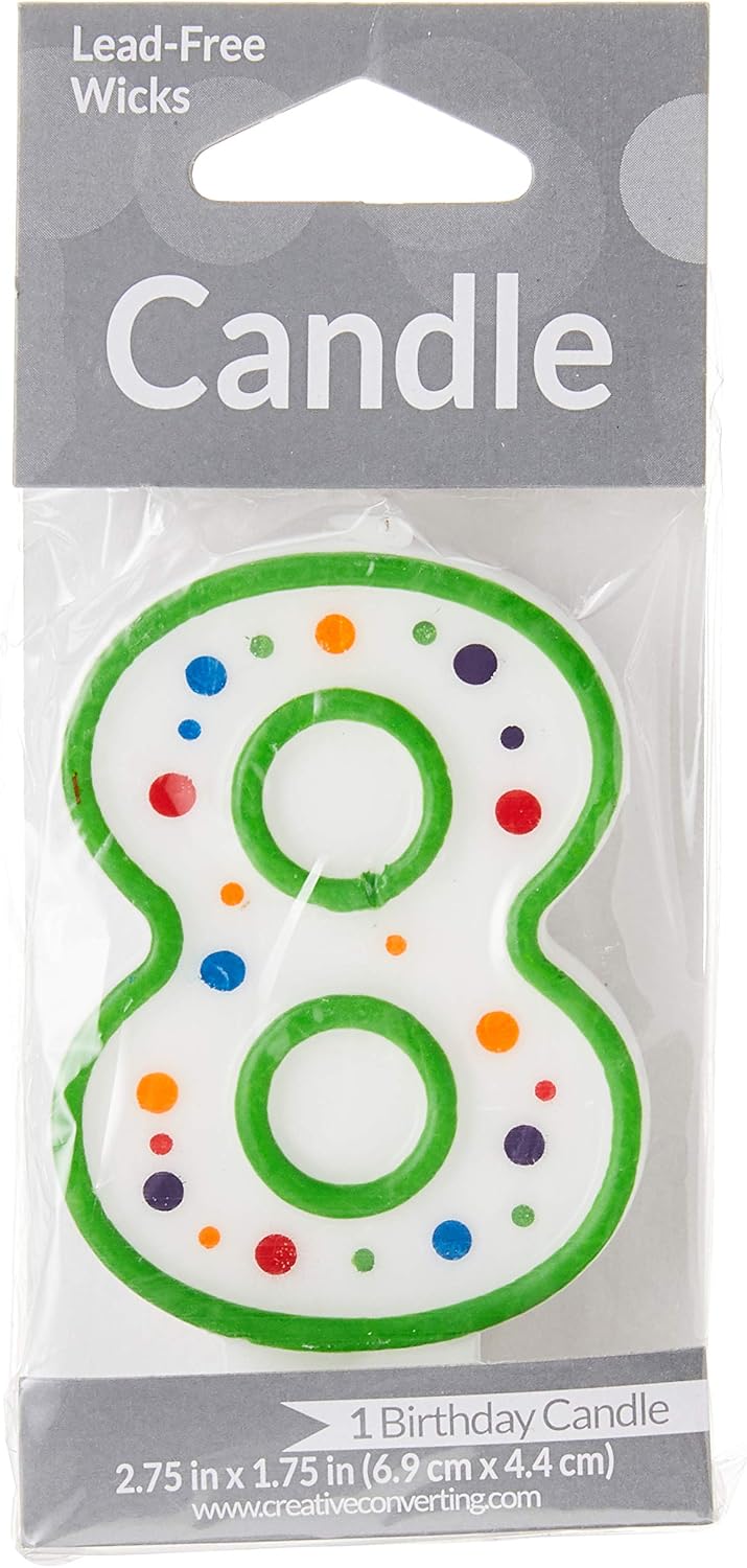 Creative Converting number 8 wax candle showing multi-colored polka dots and green trim
