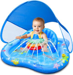 iGeeKid baby play mat with sprinkler front view showing the blue ocean themed inflatable pool float setup.