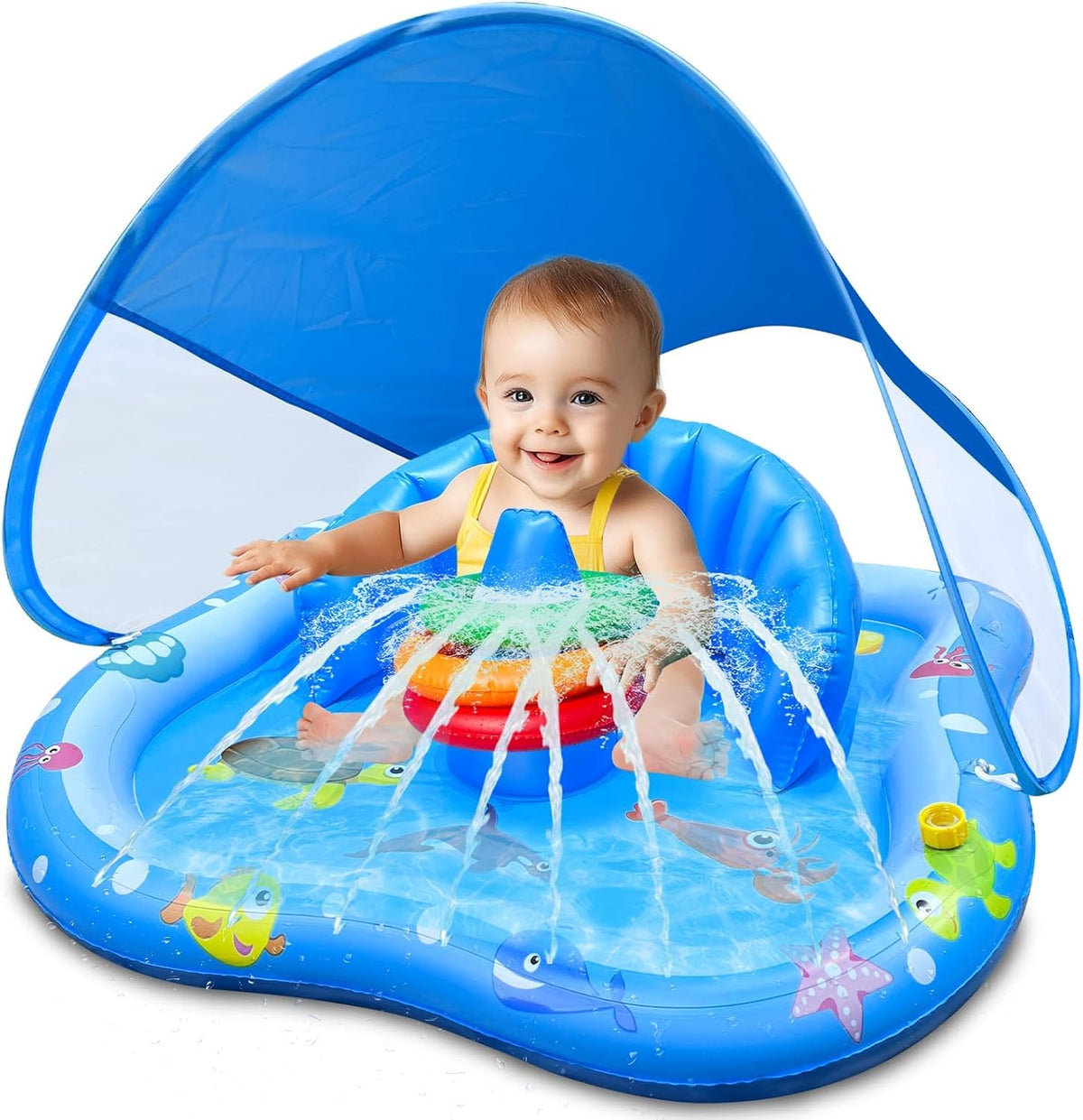 iGeeKid baby play mat with sprinkler front view showing the blue ocean themed inflatable pool float setup.