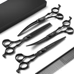 Full view of the 4 piece Purple Dragon pet hair cutting shears with safe rounded tips.