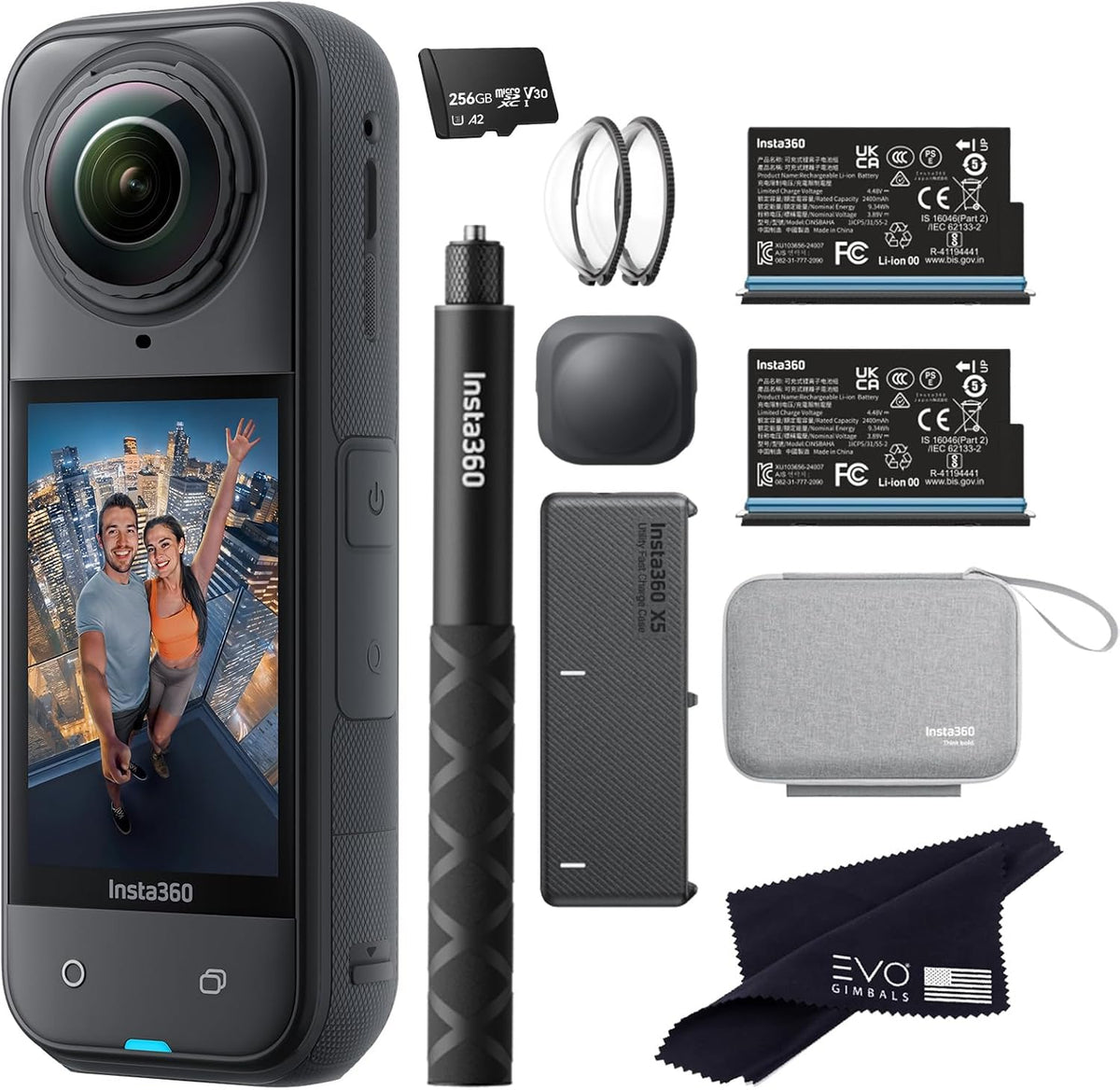 Insta360 X5 Essentials Bundle front view of the 8K waterproof 360 action camera showcasing dual lenses.