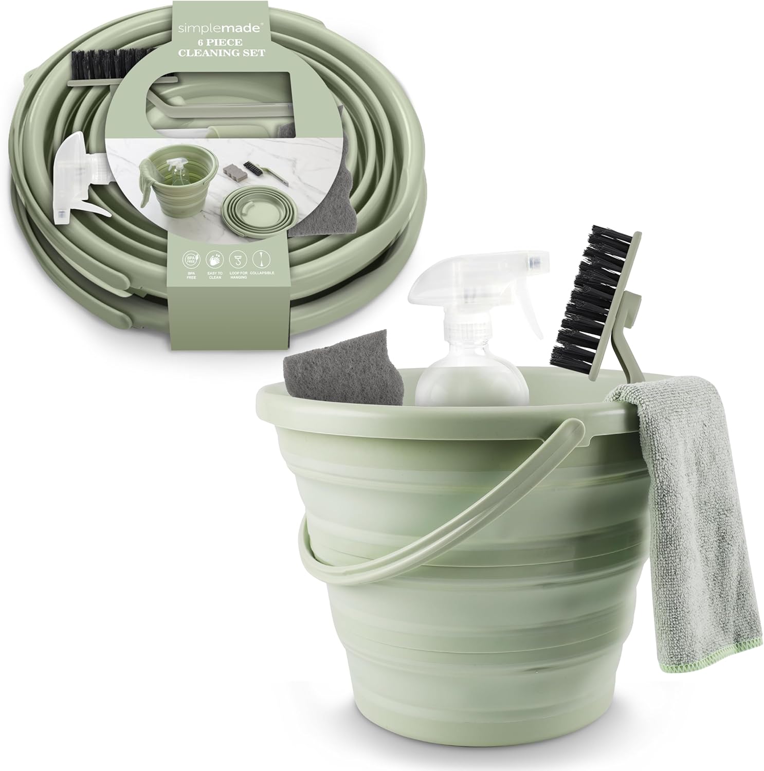 SIMPLEMADE Collapsible Bucket Cleaning Set front view showing folded buckets and accessories.