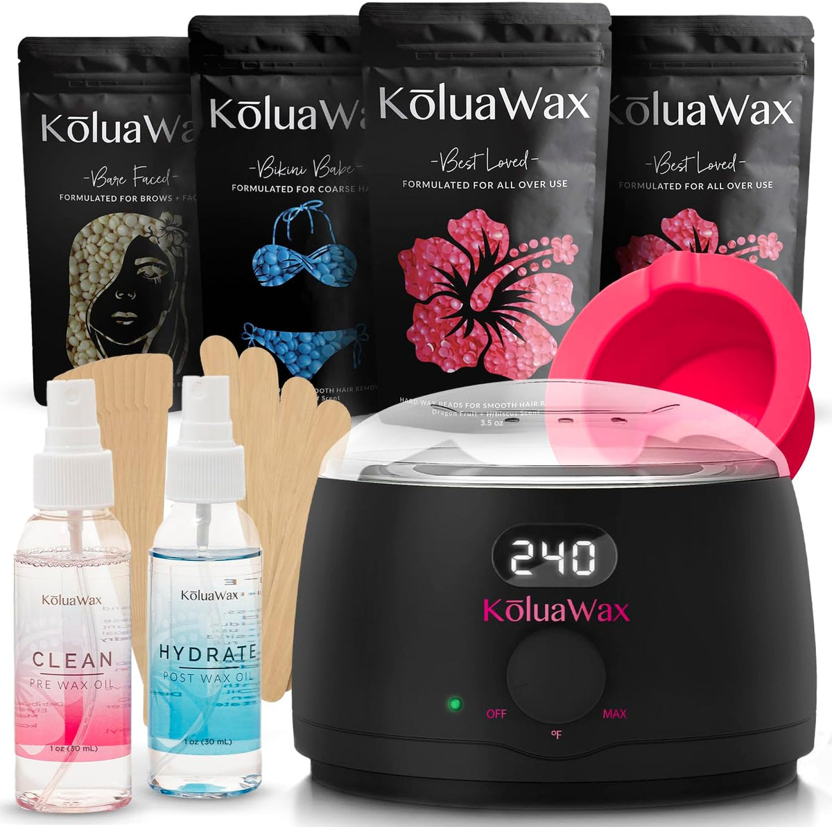 KoluaWax Premium Waxing Kit front view showing black digital wax warmer and accessories