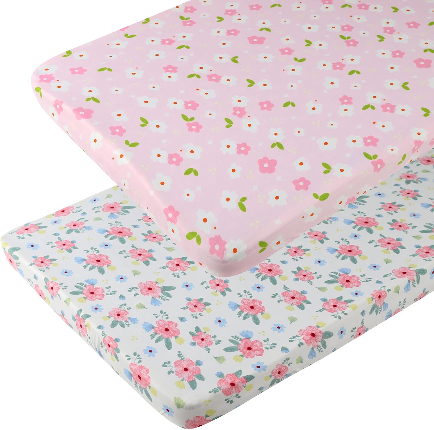 Onacosht pack n play fitted sheets front view of pink floral baby bedding set