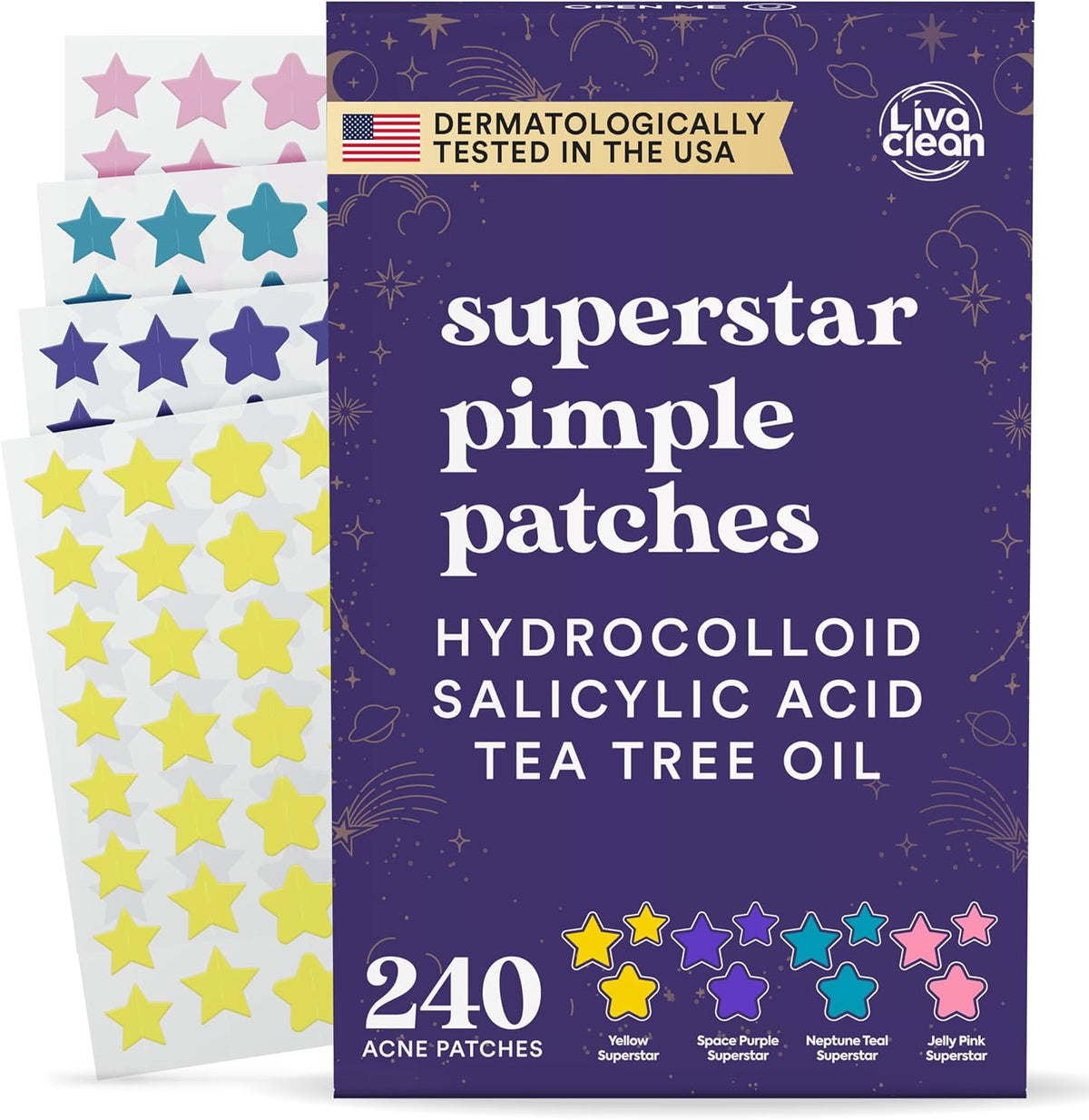 LivaClean Star Pimple Patches in 240 count pack with salicylic acid and tea tree oil