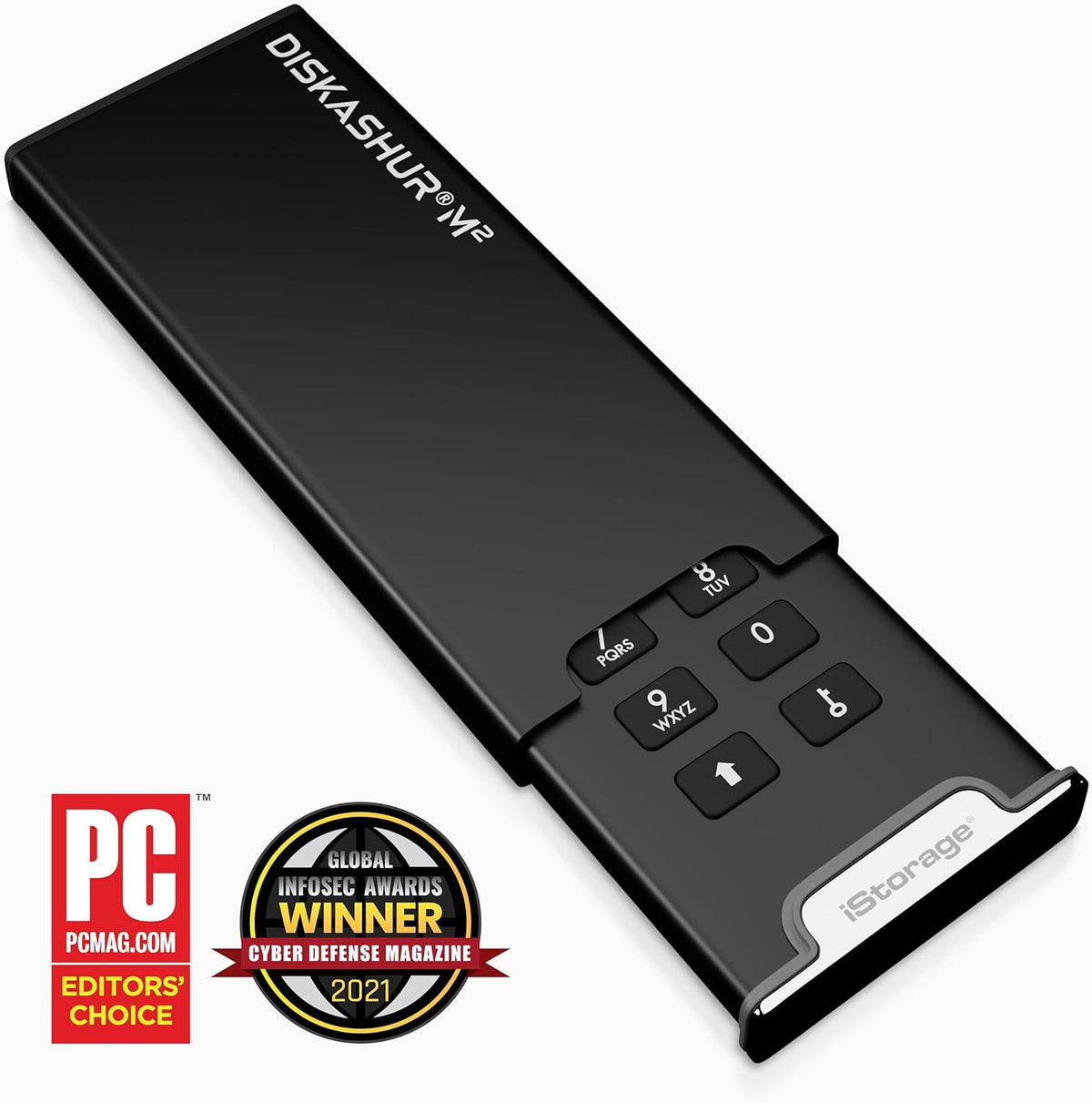 iStorage diskAshur M2 1TB solid state drive angled perspective
